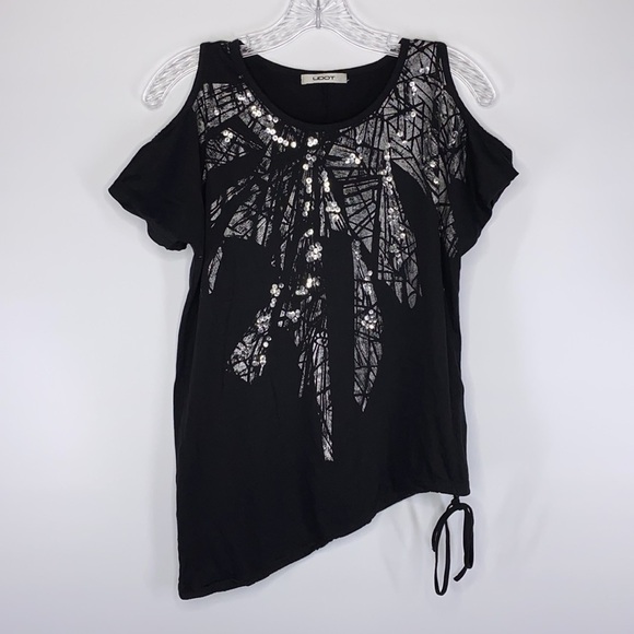 UDOT Black Asymmetrical Hem Cold Shoulder Sequin Short Sleeve Blouse - Picture 1 of 6